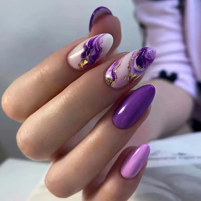 

24 Pcs Purple Ripple Press on Nails Simple Self-adhesive Reusable Adhesive Nails False Nails Ready-made Artificial Nail Cheap
