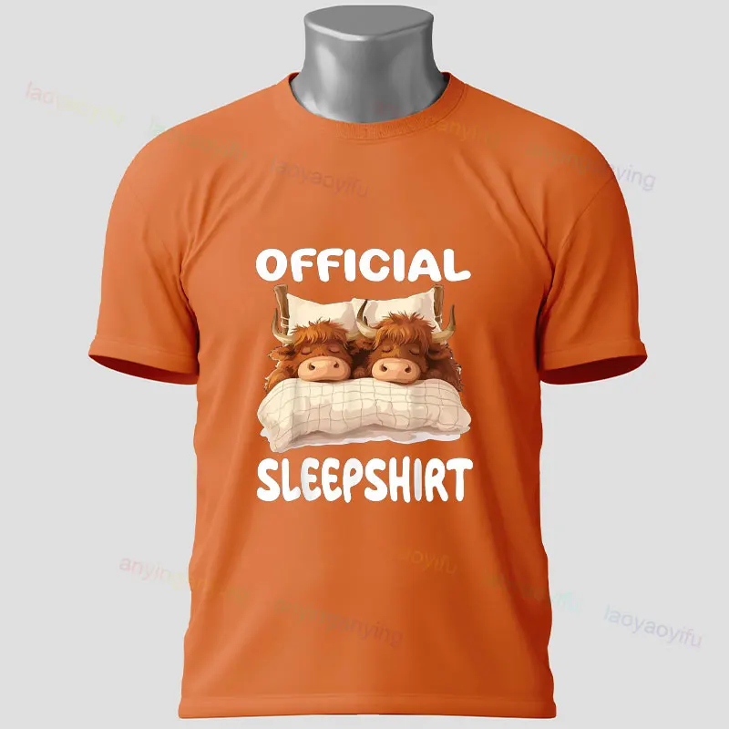 Grappige schattige Schotse Hooglandkoe officieel slaapshirt pyjama nachtjapon grafisch T-shirt korte mouwen puur katoenen T-shirt vrijetijdskleding