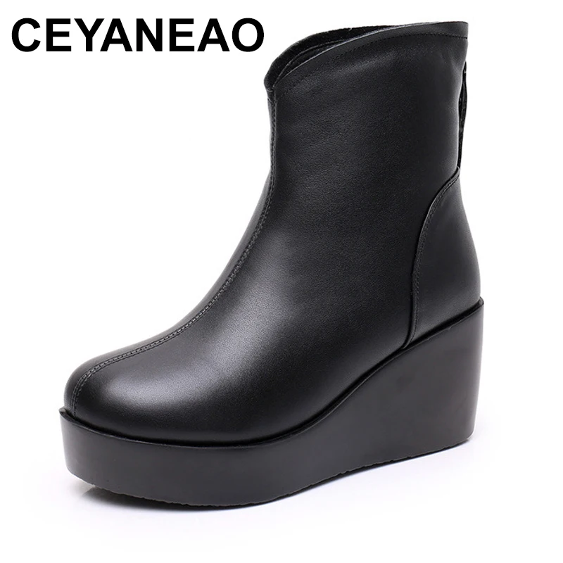 

New Autumn Winter Women Shoes Woman Genuine Leather Wedges Snow Boots Height Increasing Short Women Boots Platform