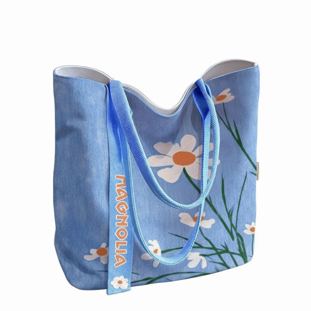 Cartoon Daisy Print Canvas Bag Reusable Lightweight Shoulder Bag Versatile Large Capacity Shopping Bag Women's Accessories
