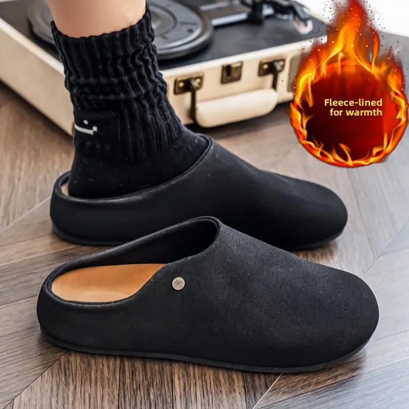 Warm Fleece Lined Men's  Shoes Winter  Velvet Head Soft Wood Mule Half Slippers Casual Breathable Synthetic L...