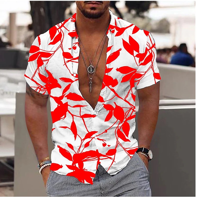 HD picture leaf men's shirt summer Hawaiian daily wear comfortable and soft long-sleeved shirt fashionable button design