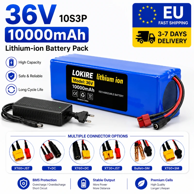 Image of 36V 10Ah Lithium-Akku 10S3P 18650 Wiederaufladbarer Li-Ionen-Akku für Elektroroller E-Bike MTB Fahrrad 1000W Motor Ersatzakku mit intelligentem BMS-Schutz Hohe Kapazität Lange Reichweite