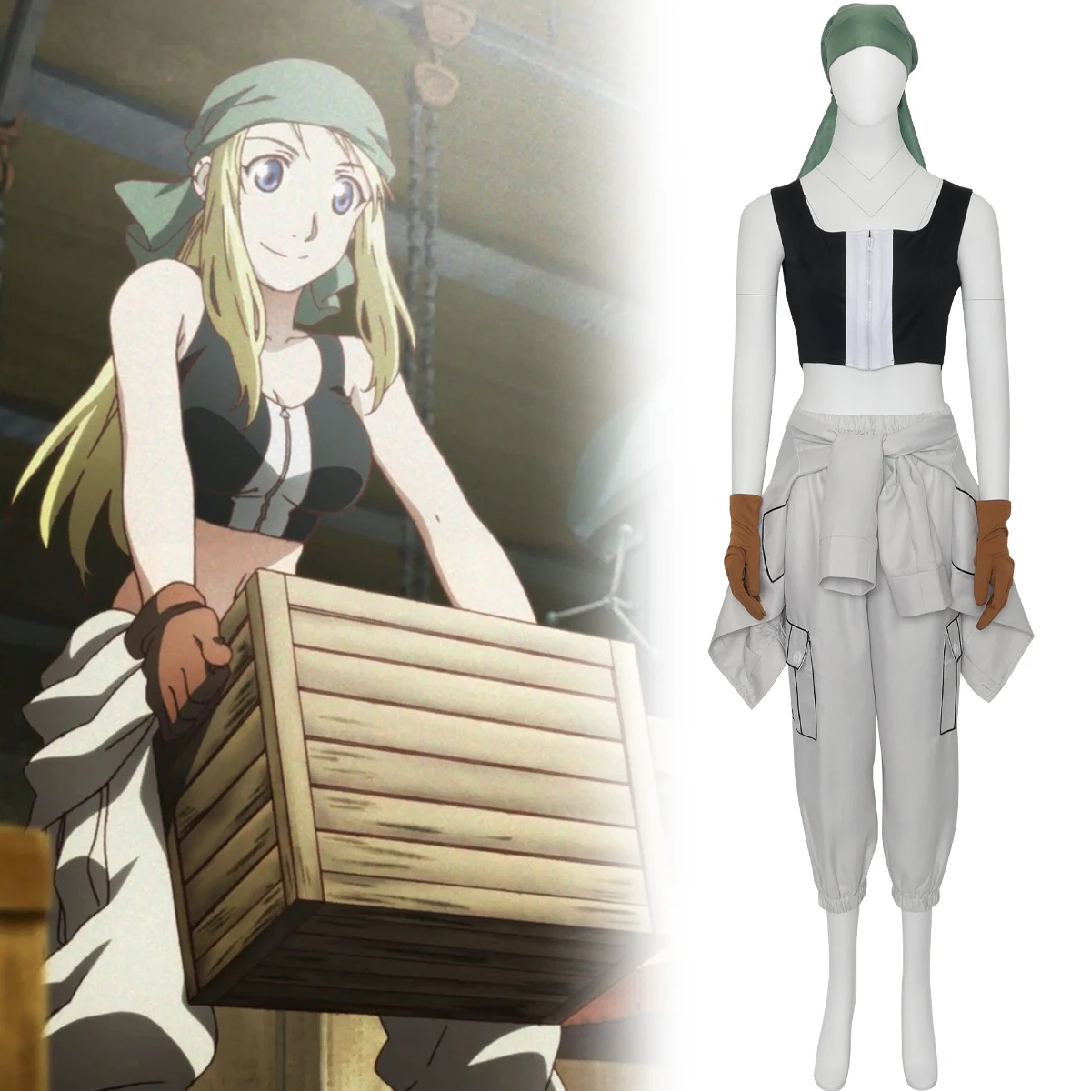 

Winry Rockbell Cosplay Costume Anime FA Engineer Automail Geek Crazy Gearhead Work Outfit Clothing Halloween Theme Party