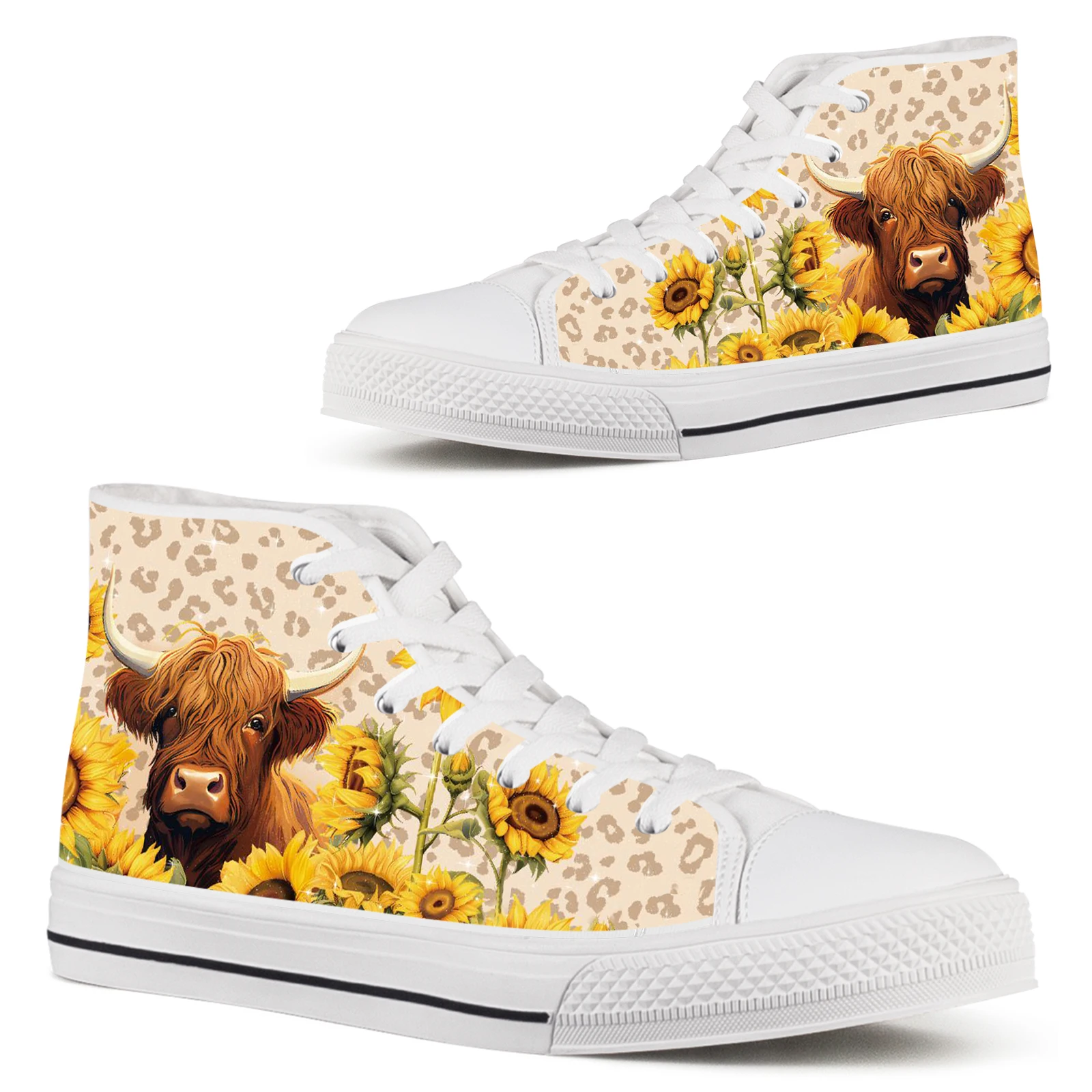 ELVISWORDS Highland Cattle High-top Women's Shoes Animal Print Comfortable Sneakers Sunflower Casual Girls' Tennis Shoes White