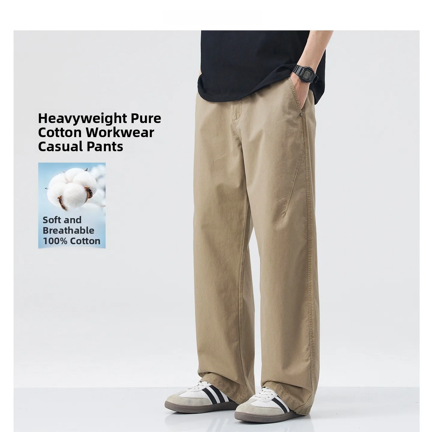 

Heavyweight Pure Cotton Straight Leg Casual Pants Men Summer American Loose Wide Leg Long Trousers Vintage Khaki Workwear