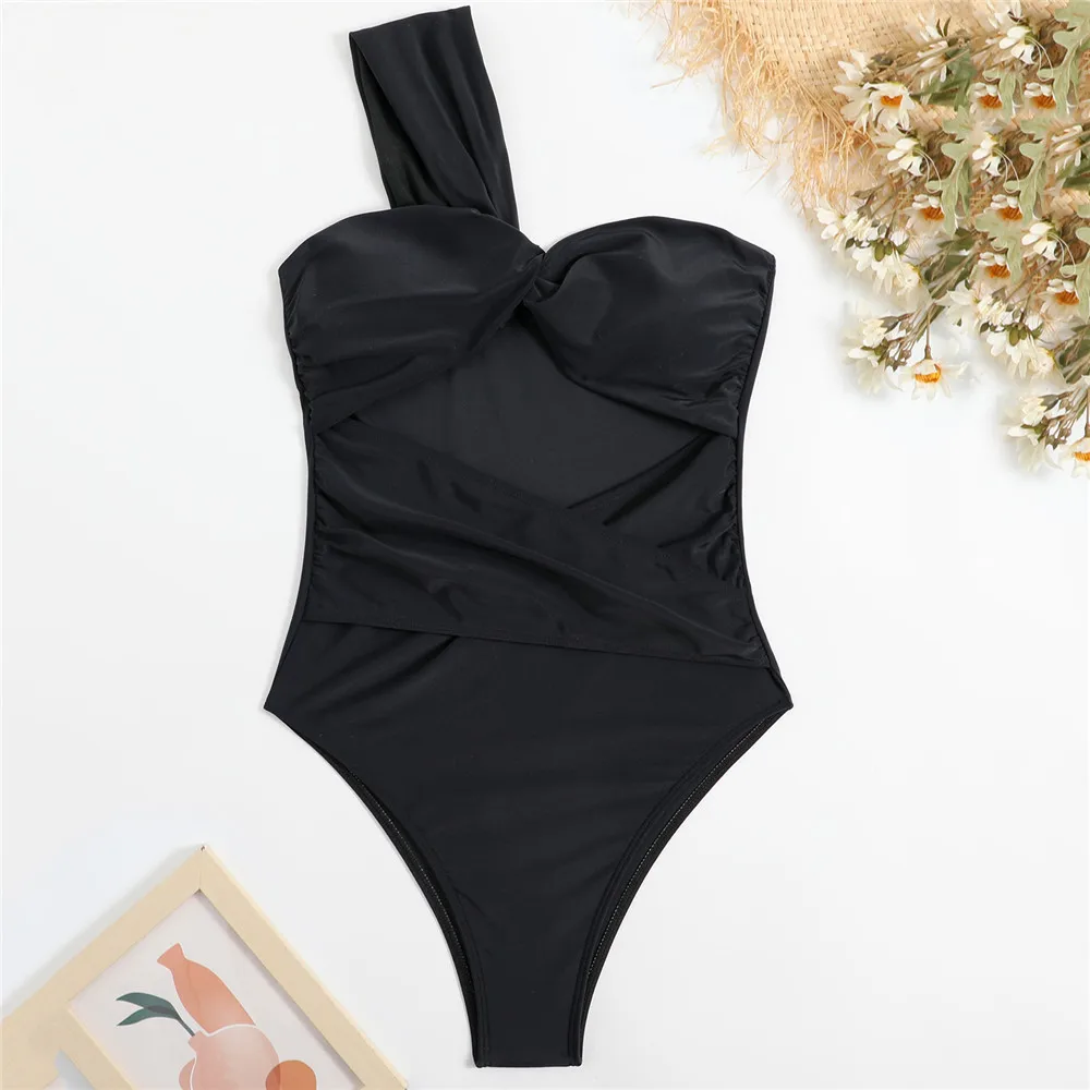 One Shoulder Sexy Black Swimsuit Women One Piece Swimwear 2024 Hollow Out Monokini Cross Bandage Bathing Suit Swimming Wear