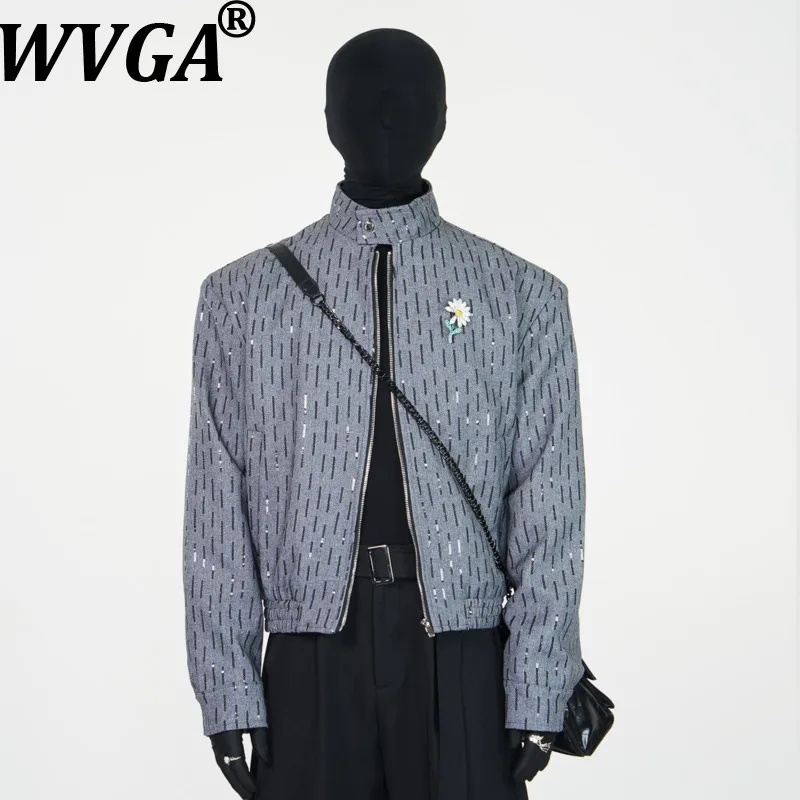 

WVGA Spring Autumn New Man Glossy Printed Padded Shoulder Zipper Jacket Niche Chic Casual Stand Collar Short Coat Ins Y2K W14725