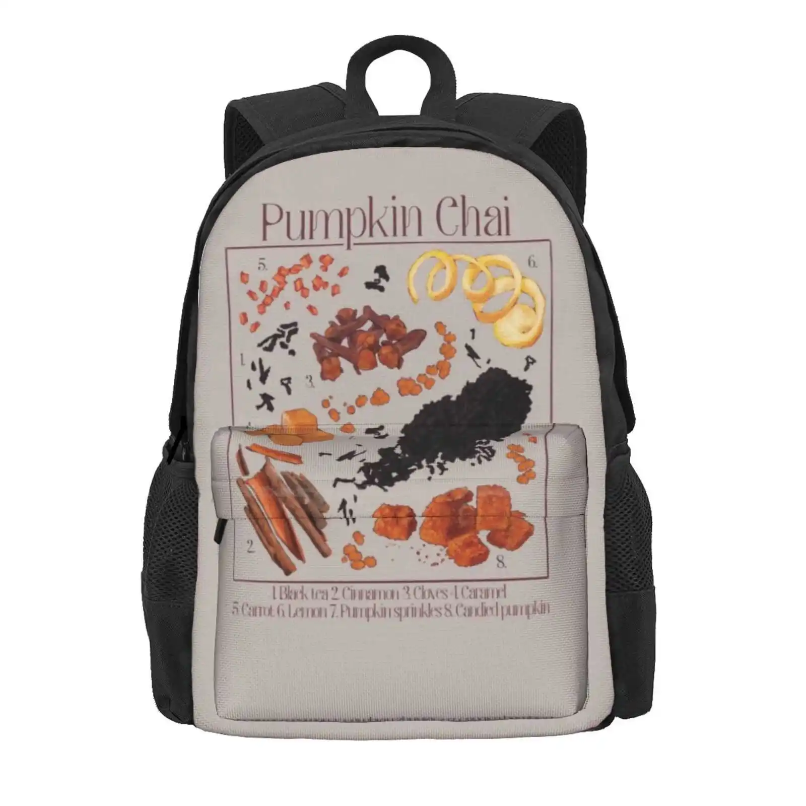 Pumpkin Chai Hot Sale Schoolbag Backpack Fashion Bags Botanical Recipe Tea Vintage Minimalist Lemon Candy Carrot Pumpkin Fall