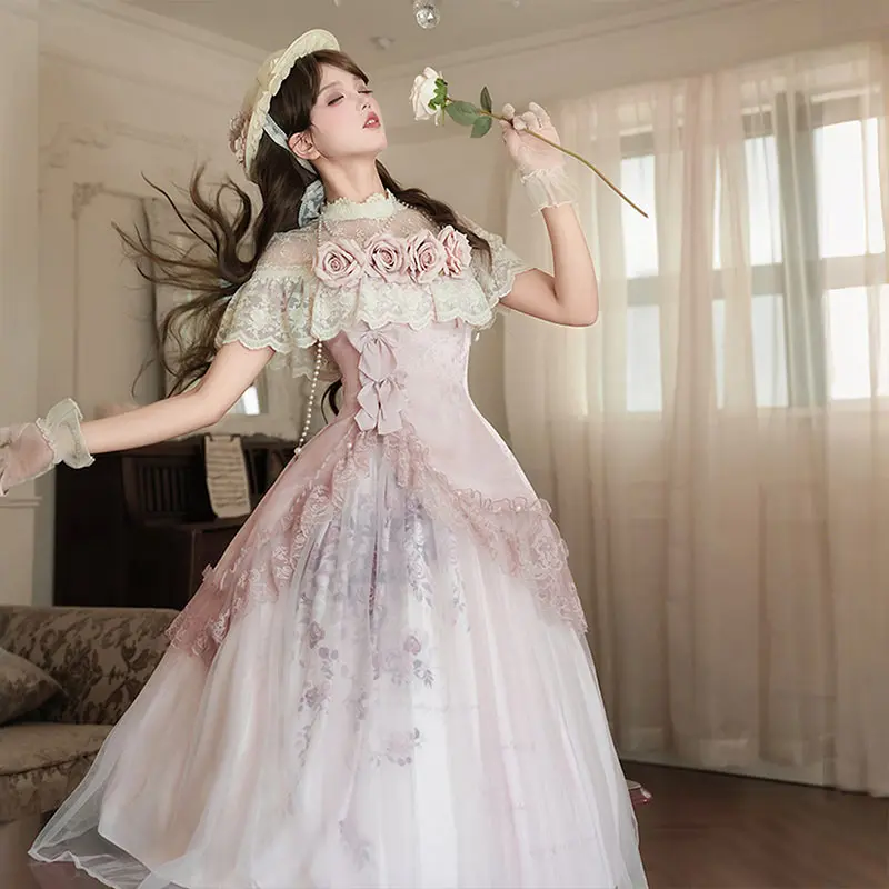 French Elegant Cla Princess Tea Party Dress Autumn Women's Slim Fit Elegant Retro Long Dress Lace Cape Sleeve Dress Skirt Set