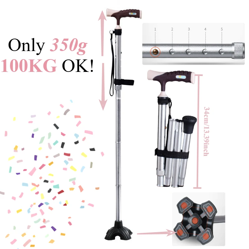 Aluminum Alloy Folding Walking Cane with Light - Telescopic Mobility Aid for Elderly Single Portable Walking Stick Crutch