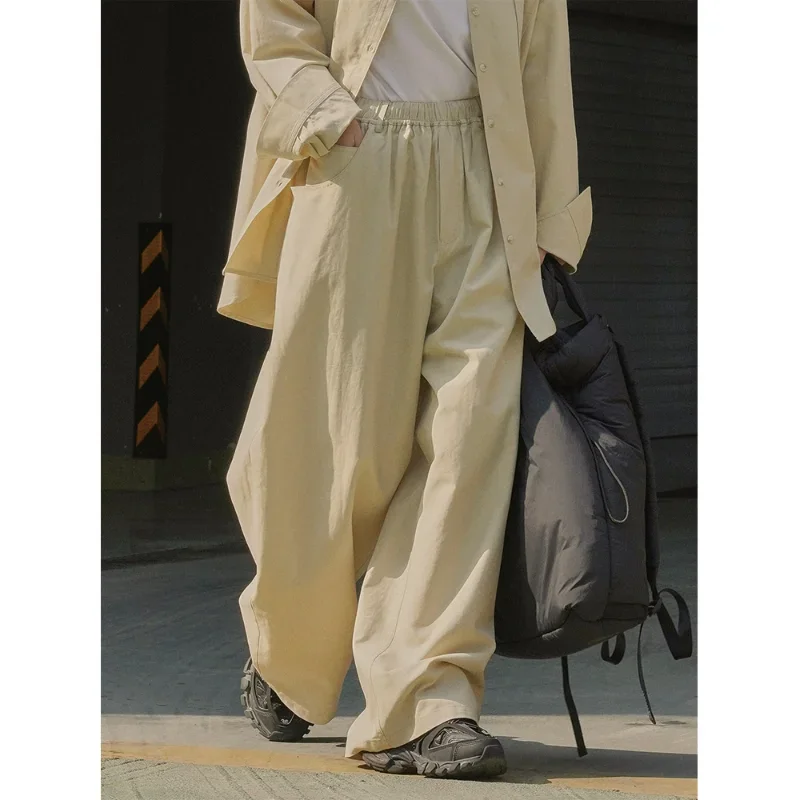 

Women Spring Wide Leg Pants Casual Loose Trousers Cotton Neutral Lazy High Waist Elastic Slim Long Bottoms Minimalism Lyocell