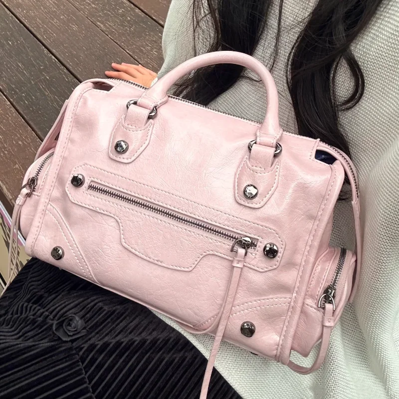 

Brand Retro Riveted Motorcycle Bag Multi-pocket Fashion Tassel Design Crossbody Bag Pink Zippered Punk Leather Handbag
