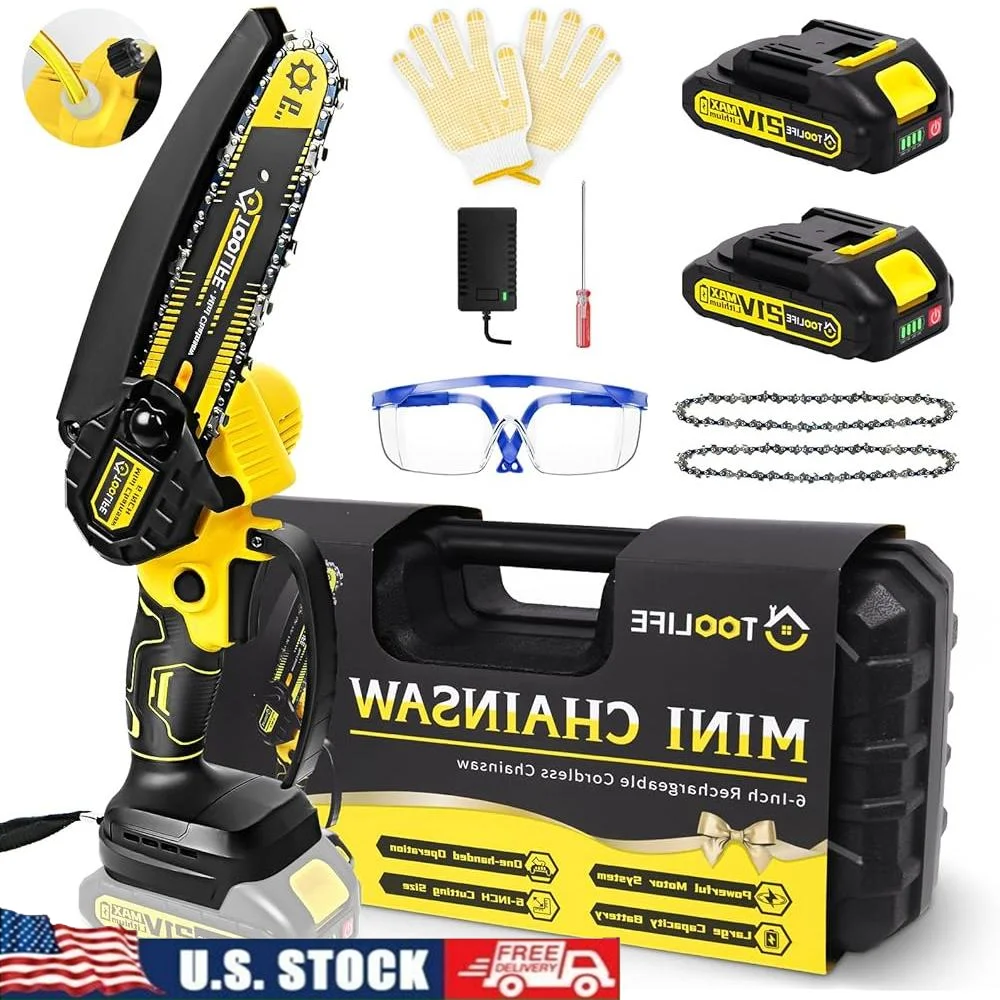 

Cordless Mini Chainsaw 6 Inch Electric Tree Trimmer with 2 Batteries Auto Oiling System Lightweight Portable Wood Cutter