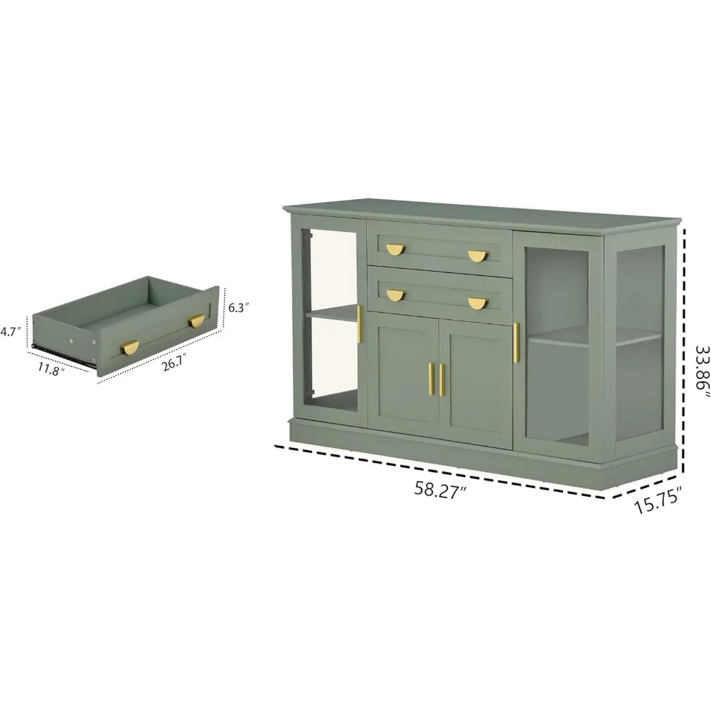 Armário buffet de 58,27 ''com 2 gavetas e prateleiras ajustáveis, armário grande de bar de café com porta de vidro, aparador moderno de fazenda