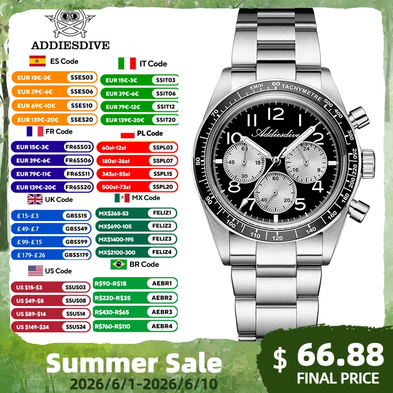 

ADDIESDIVE Men Luxury Chronograph Quartz Watch Stainless Steel Case Ceramic Bezel BGW9 Luminous Bubble Crystal Sports Watch