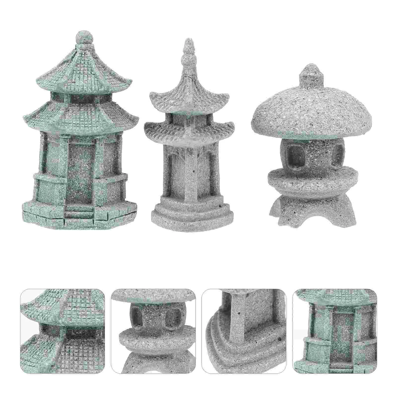 

3Pcs Simulated Pavilion Tower Lantern Decor Chic Landscape Adornment Light Grey Micro Landscape Ornament