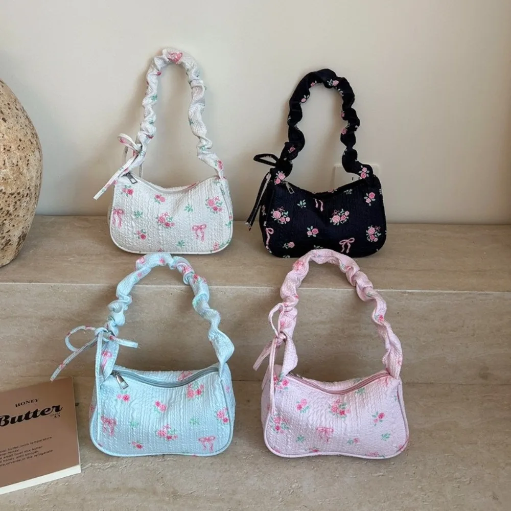 Retro Floral Print Shoulder Bag Bow Canvas Armpit Bag Pleated Ruffled Handle Drawstring Underarm Bag
