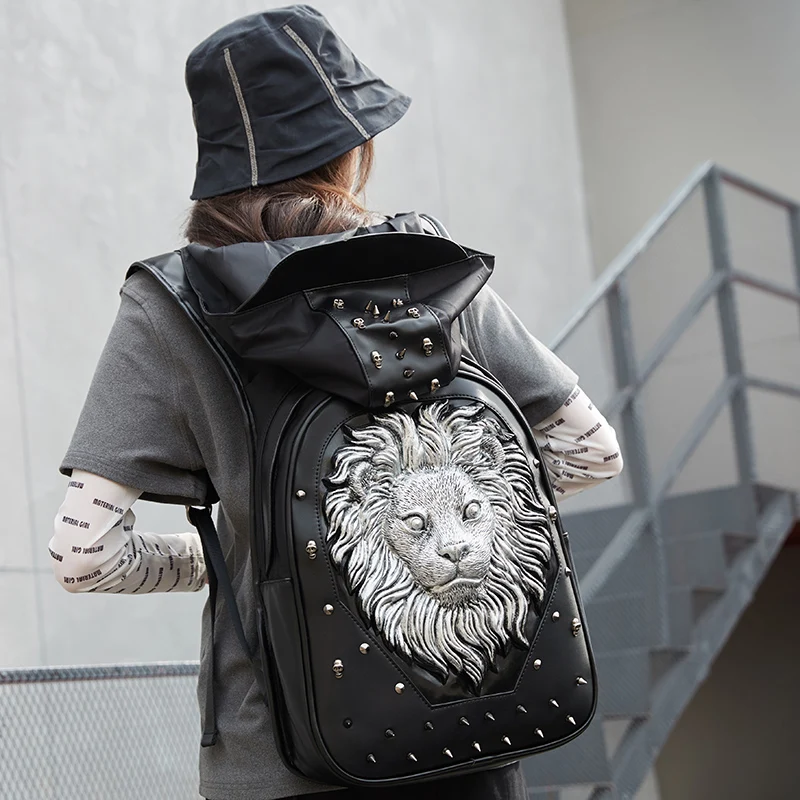 Man 3D Embossed Lion Punk Rock Gothic Leather Backpack Rivets Laptop Travel Soft Backpack With Hood Cap Women Grils Bag Hiphop