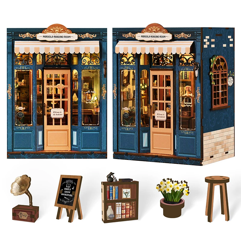 DIY Wooden Pergola Reading Room Figurines Miniatures Assembled Bookend with Light for Friends Birthday Gifts Home Decor Crafts