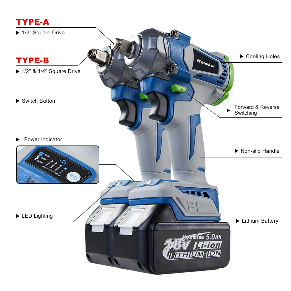 Kamolee-llave de impacto eléctrica sin escobillas, Torque de 1200n. M, 1/2, 1/4 pulgadas, batería de iones de litio para batería Makita de 18V