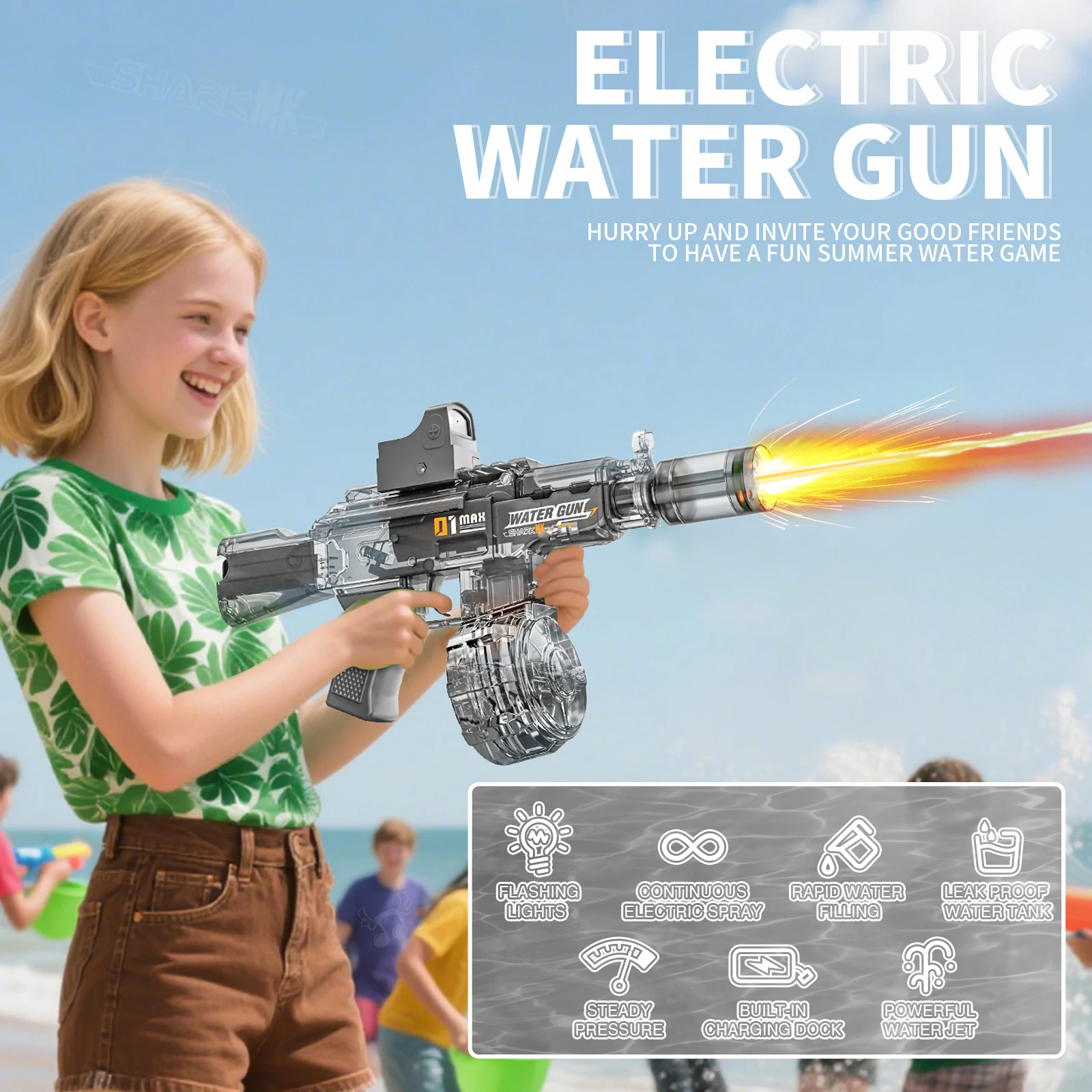 リアルな銃口の炎と大容量の電動水鉄砲、夏の屋外ビーチ、プールパーティーの玩具
