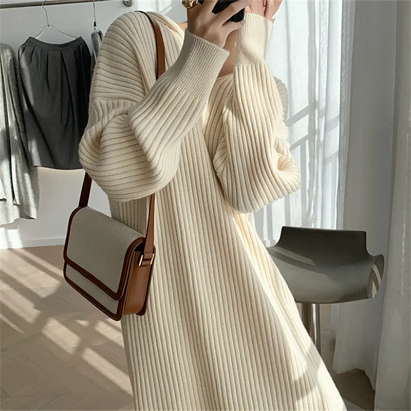 2024 New Autumn and Winter Knitted Hooded Long-sleeved Dress Korean Version Fashionable Casual Long Sweater Loose Dress M9