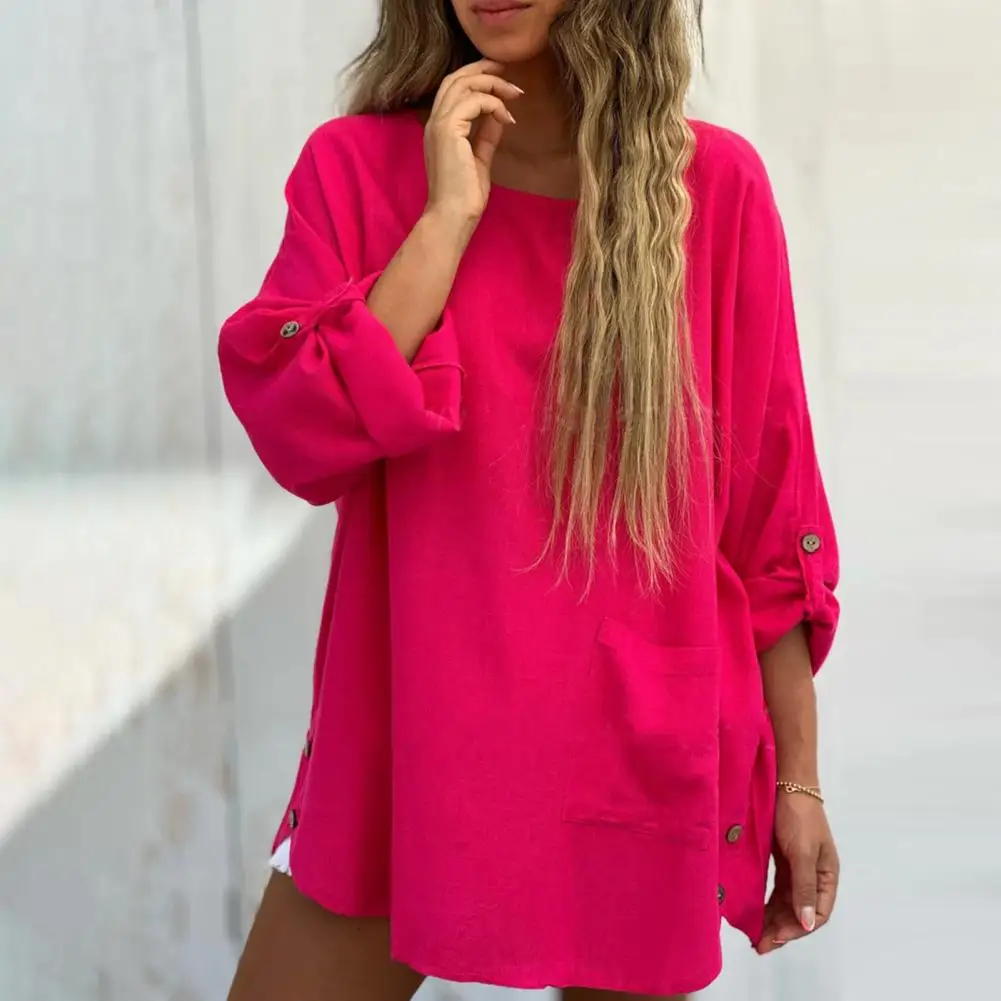 Top feminino solto de manga comprida, camisa elegante com bolso, bainha irregular, blusa de botão, streetwear casual