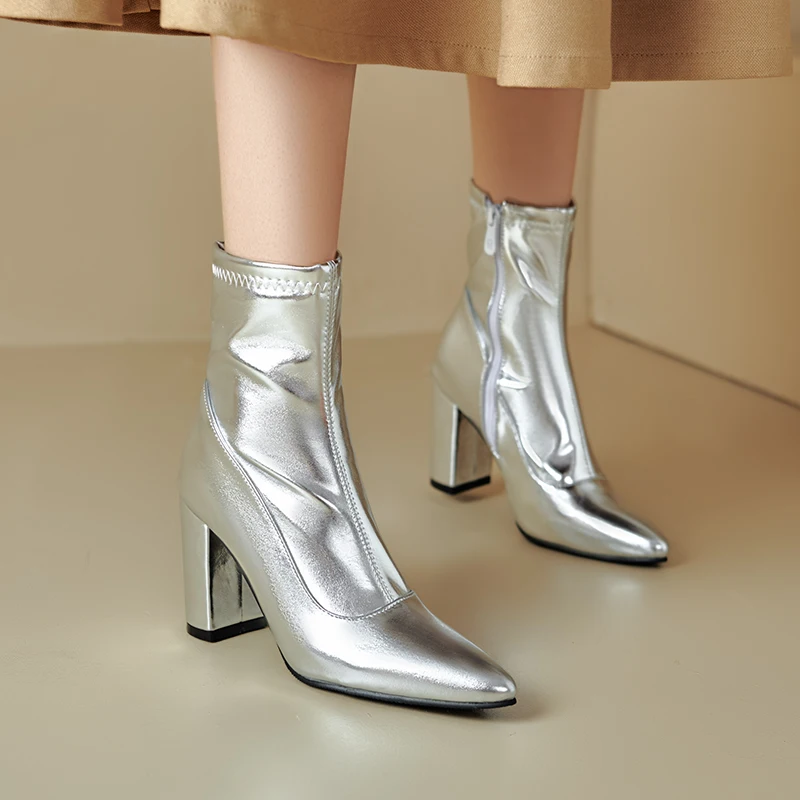 

Большие размеры, золотые короткие сапоги из микрофибры с острым носком на очень высоком толстом каблуке и молнии, зимние ботильоны на толстой плюшевой подкладке, серебряные ботинки