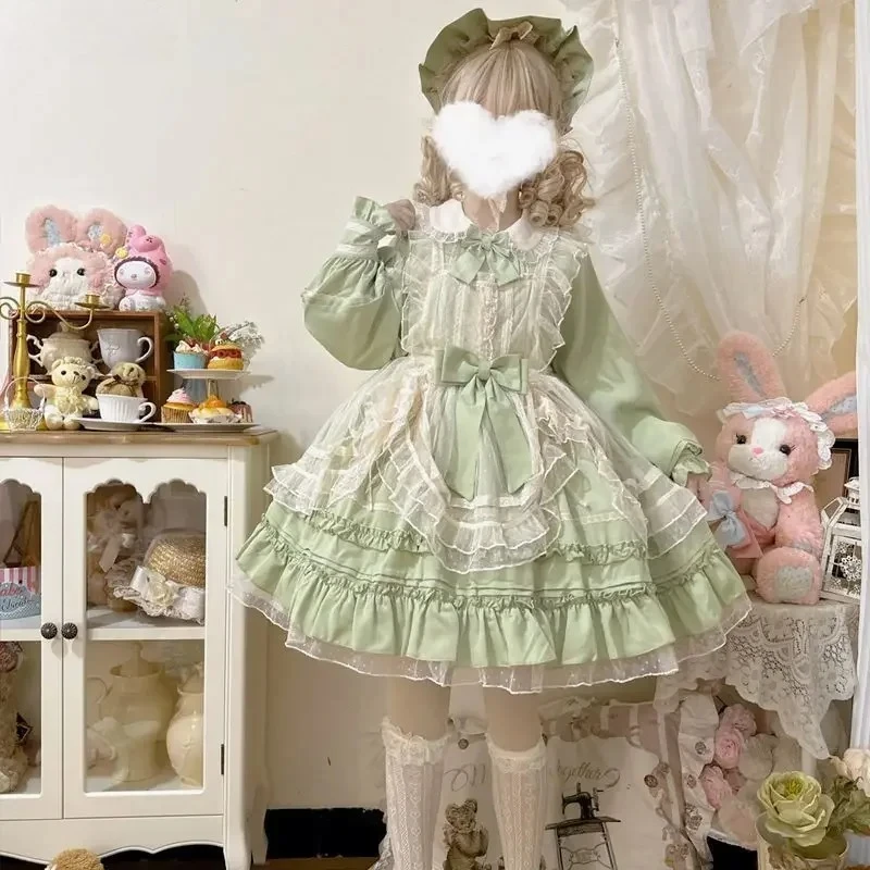 Women Vintage Elegant Lace Mesh Bow Green Dresses Harajuku Victorian Girly Kawaii Tea Party Dress Sweet Lolita Princess OP Dress