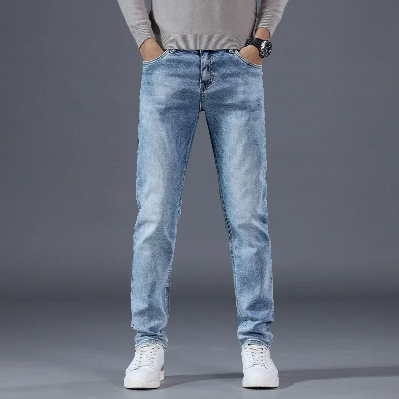 Jeans en denim bleu clair pour hommes, vêtements d'automne, mode plissée, poche rétro, pantalon skinny, haute qualité, 28-40