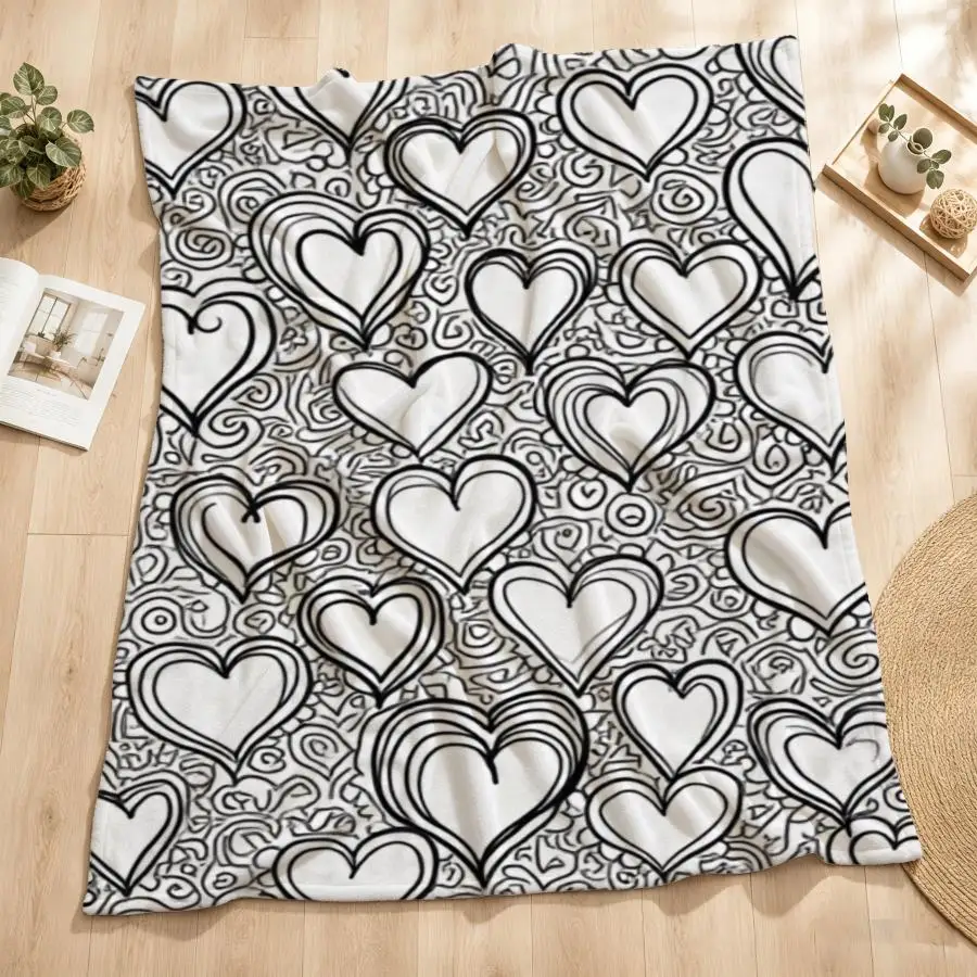 Cozy Black And White Heart And Floral Line Art Flannel Throw Blanket - Soft, Warm Ideal for Couch, Bed, Office & Travel Perfect Gift for Friends And Family Intricate Doodle Style, Machine Washable Weighted Blanket 280GS