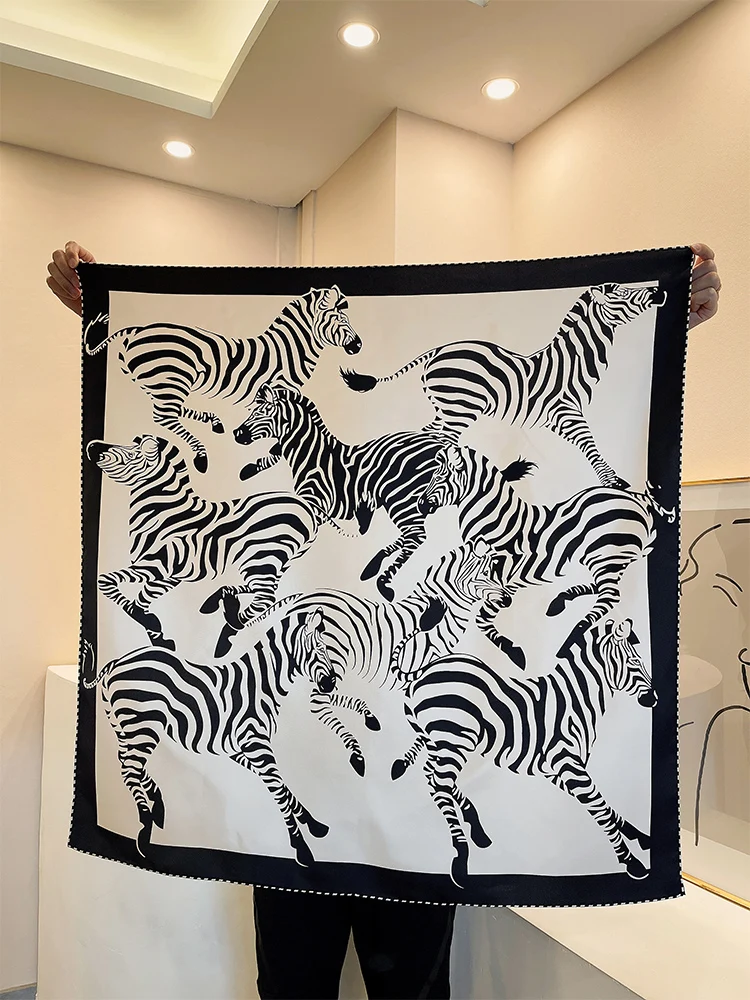 

Les Zèbres Pure Mulberry Silk Scarf Women Square Herm Roller Lady Hair Scarves Hand Folded Edge Bandannas 90CM