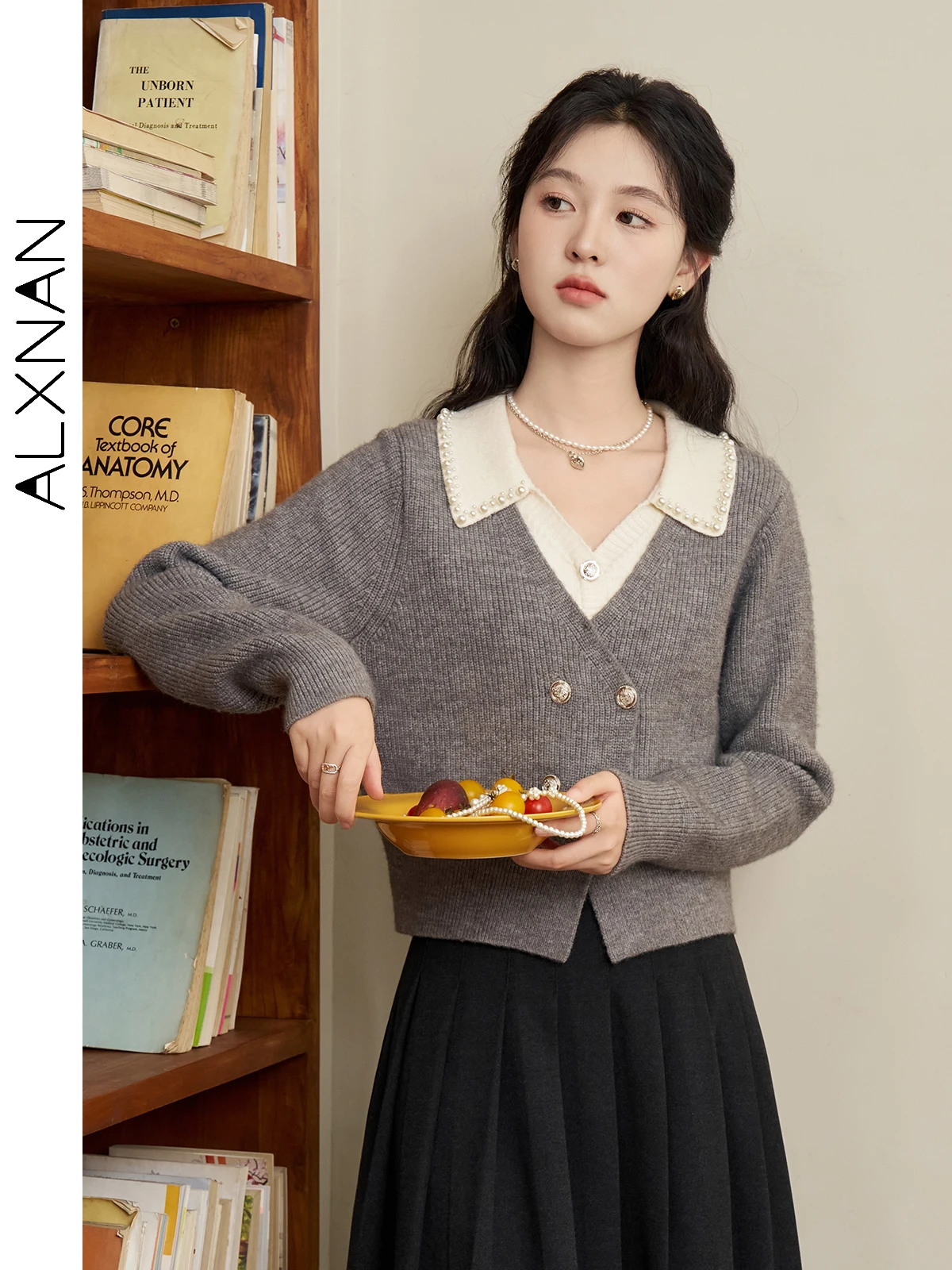 ALXNAN 플러스 사이즈 여성용 그레이 카디건 브이넥 가짜 투피스 니트 스웨터 우아한 비즈 칼라 금속 단추 스웨터 D07118