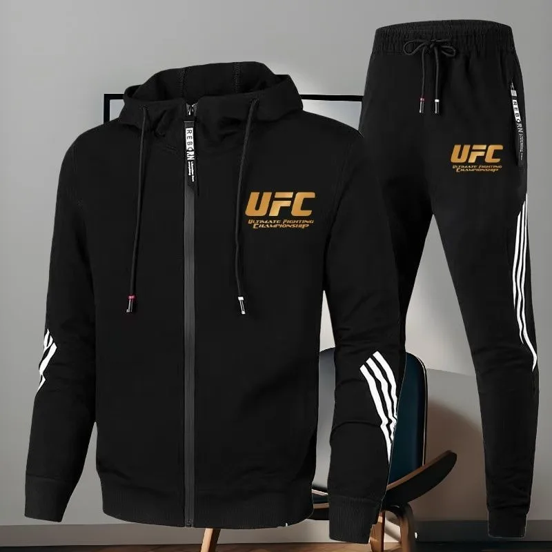UFC Sports Set MMA Grappling Hoodie Pants Letter Print Logo 2 Piece Tracksuit Running Casual Men Women Gym Workout