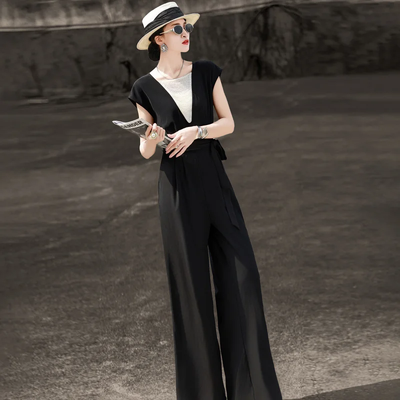 MEXCOCO 2026 Summer New Arrival Elegant Commuter Jumpsuit, Beaded Spliced Wide Leg Jumpsuit with Waist Tie