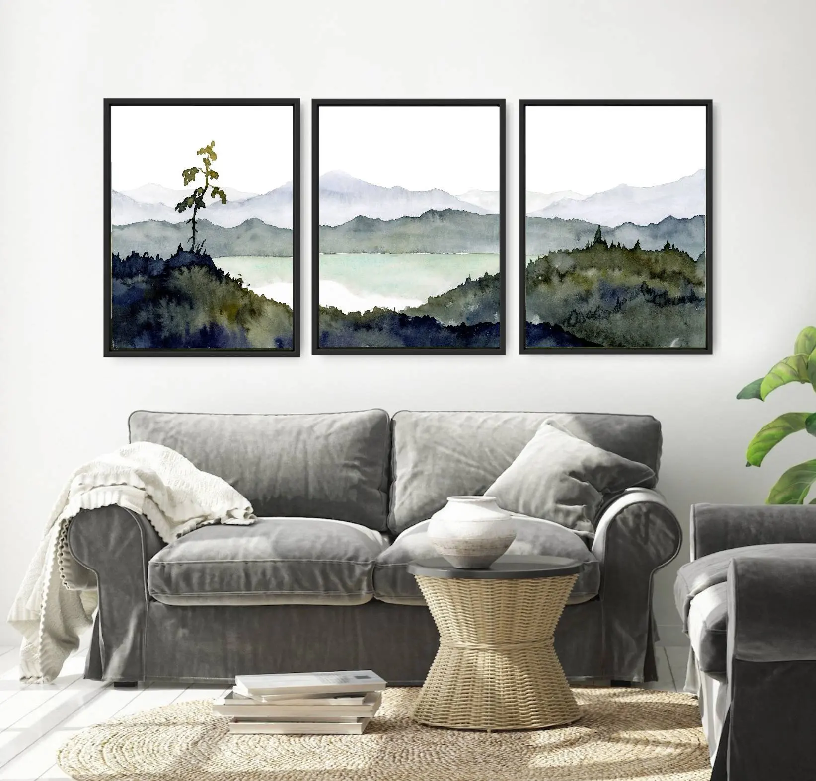 Watercolor Mountain Lake Wall Art Set, Neutral Forest Landscape Canvas Prints, Minimalist Boho Home Decor & Perfect Gifts