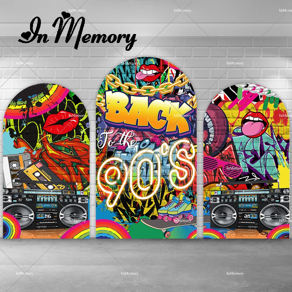 

Retro Back to 90s Arch Backdrop Cover Brick Wall Graffiti Tape Recorder Disco Birthday Party Backgrounds Chiara Wall Banner