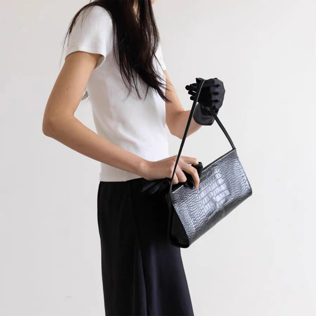 Mendy Genuine Leather Women Handbag Crocodile Pattern Underarm Shoulder Bag Bow Knot Handle Crossbody Purse Luxury Designer Dail