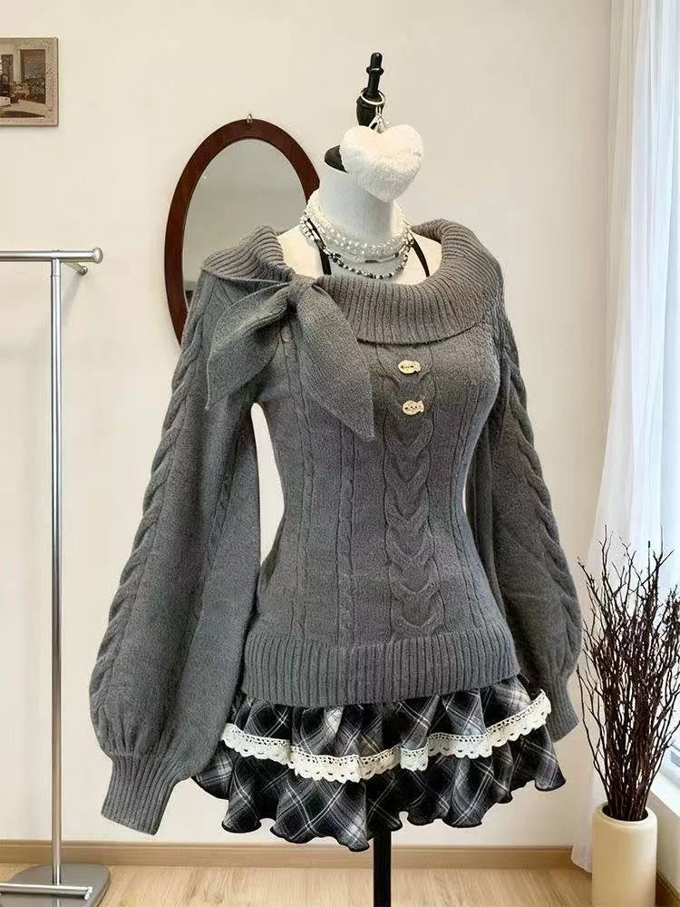 

Japanese Style Kawaii Set Girls Solid Knitted Sweater Slim Plaid Y2k Mini Skirt Harajuku Fashion Suit Woman Chic