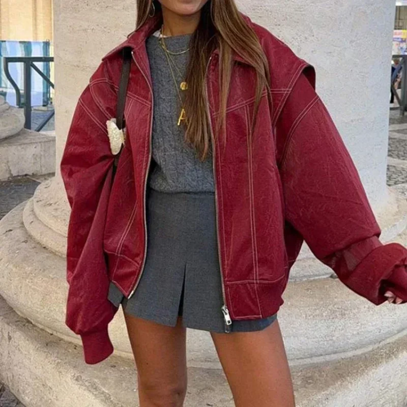 2026 New Fashion Women's Zipper Pocket Leather Jacket Red Long Sleeved Lapel Collar Casual New Coat Female High Street Outerwear
