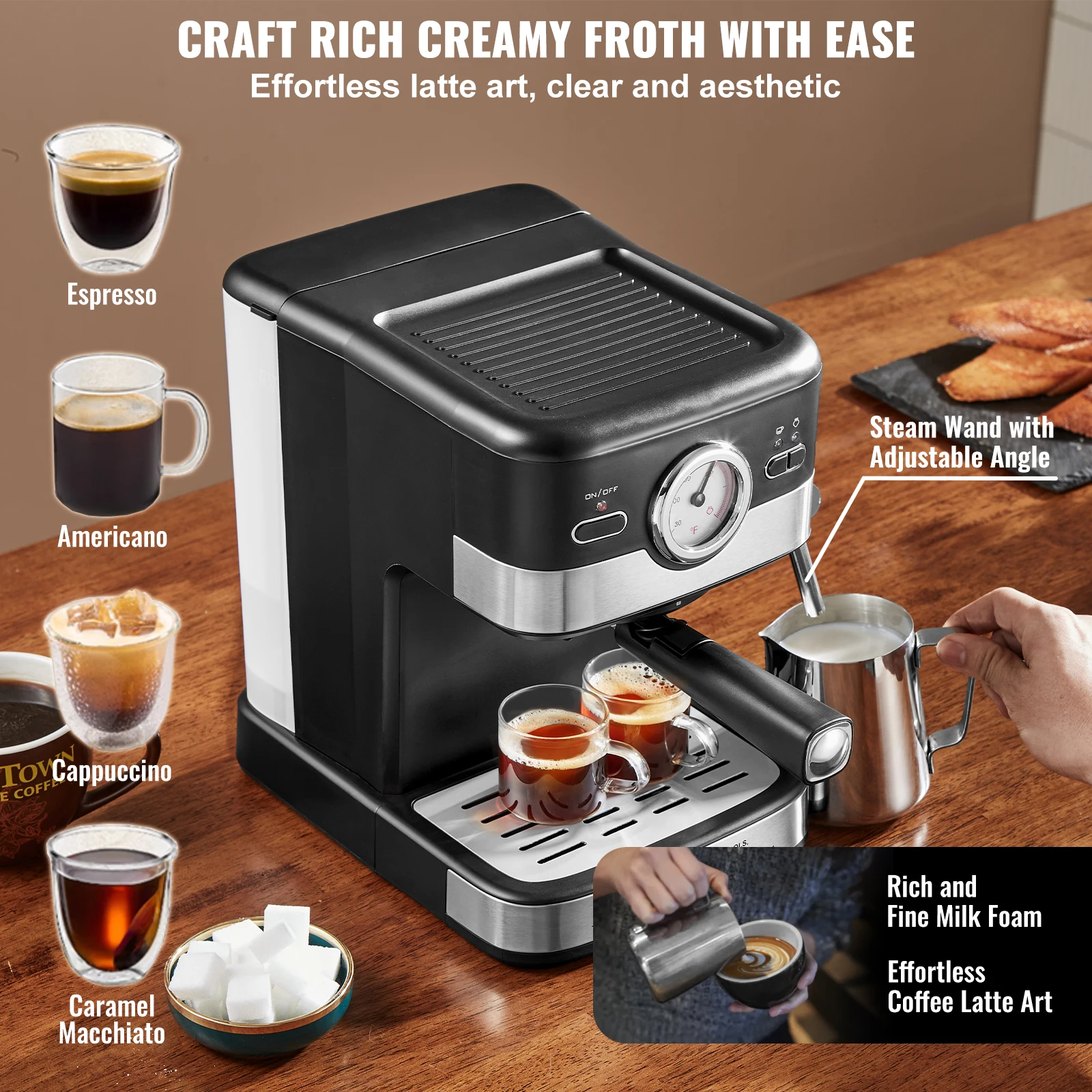 VEVOR-máquina de Espresso semiautomática con Espumador de leche, cafetera profesional con temperatura Gau, 15 Bar