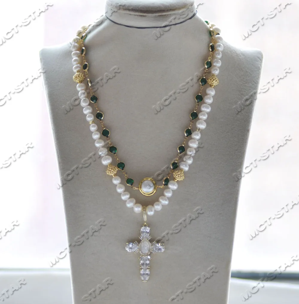 MTC·STAR  Z12801 2row White Round Pearl Green CZ Chain Virgin Mary Cross Pendant Necklace