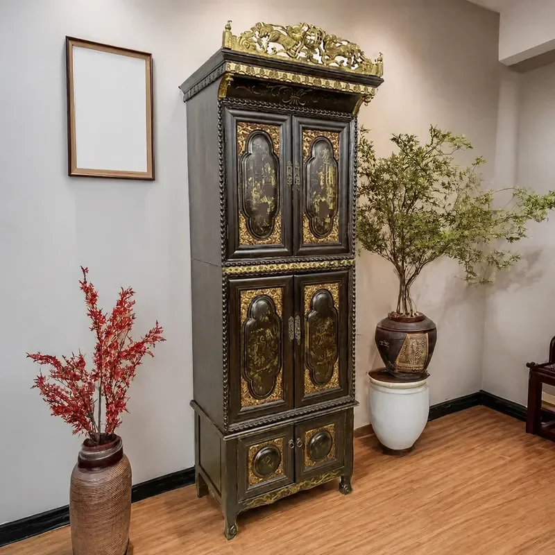 Vintage Gold Traced Tea Cabinet Antique Bookcase Qing Dynasty Style Standing Storage Cupboard Retro Ming Furniture Home Decor