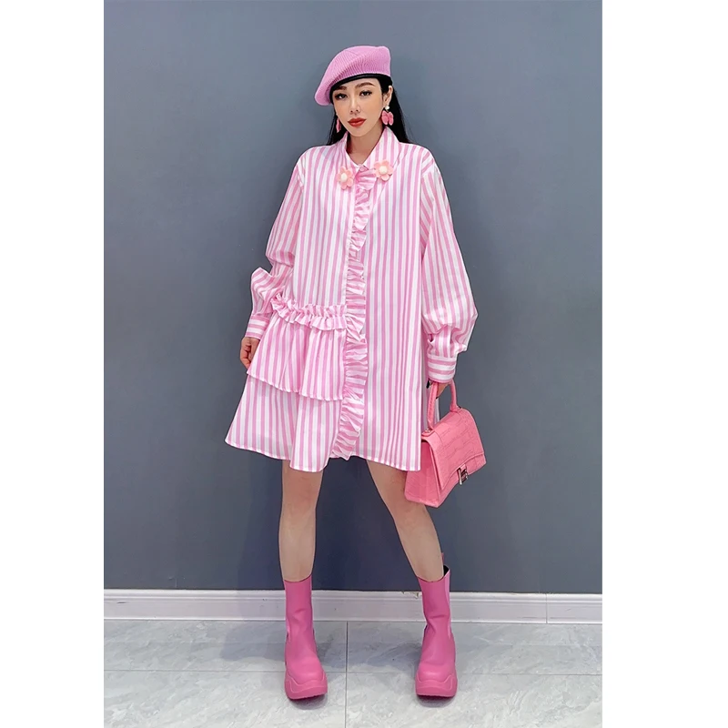 

SuperAen 2025 Summer New Long-sleeved Striped Shirt Dress Ruffle Leaf Loose Casual Women's Shirts
