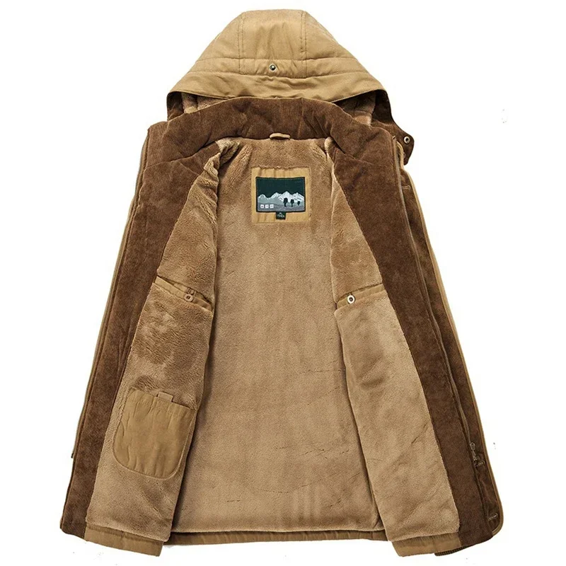 Casaco com capuz acolchoado e forrado a vento masculino, parka de lã quente, casaco longo, grosso, longo, esqui, camping, moda, inverno, novo