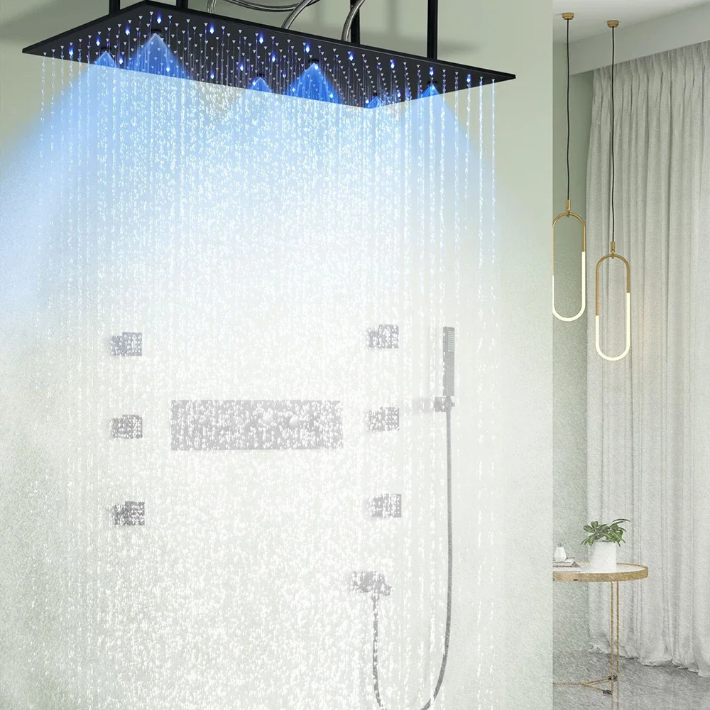 800*400mm Thermostatic Shower Set Matte Black 4-Function Shower System LED Color-Changing Shower Faucet Massage Body Jets Brass