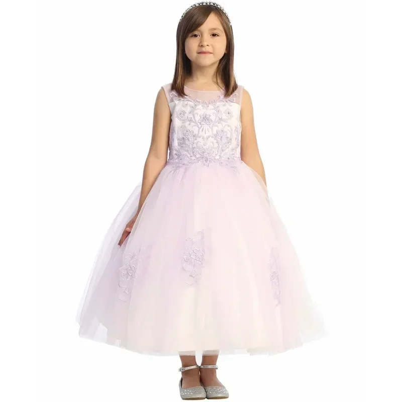 Sky Blue Flory Pattern With Ribbon Sleeveless For Wedding Birthday Party Banquet Princess Gowns Customized Flower Girl Dresses