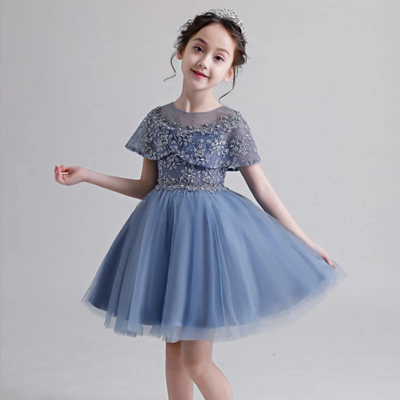 New Children's Wedding Dress Host Performance Birthday Girl Lace Medium Length Dress Princess Fluffy Skirt  Flower Girl Dress