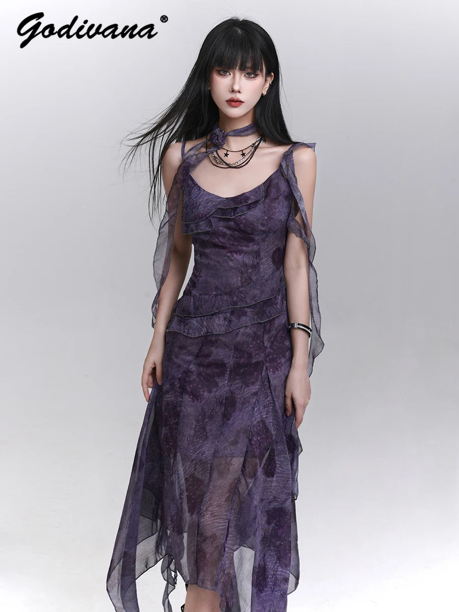 

New Summer Asymmetrical Purple Strap Dress Women's Slimming Sexy Ruffled Printed Suspender Long Dresses